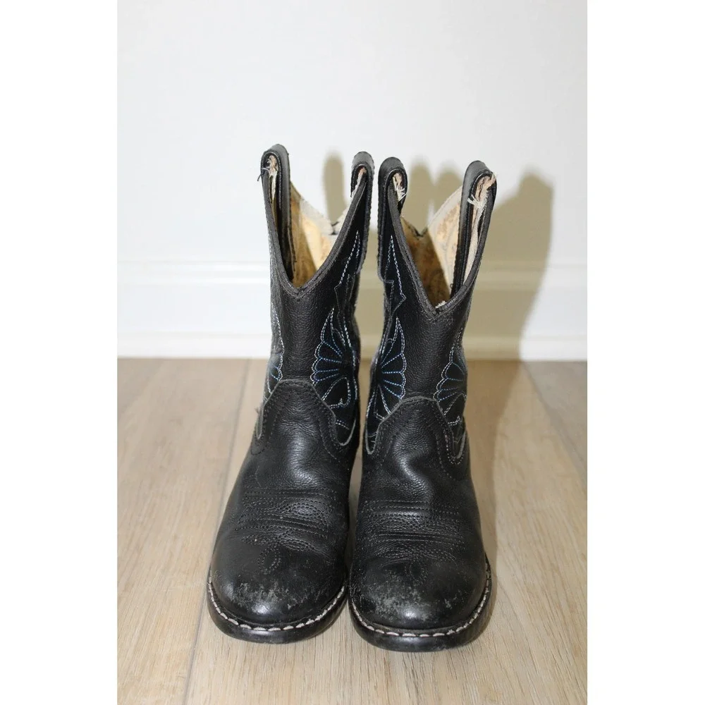Kids Black Leather Western Cowboy Boots Blue Stitching Round Toe Size‎ 9